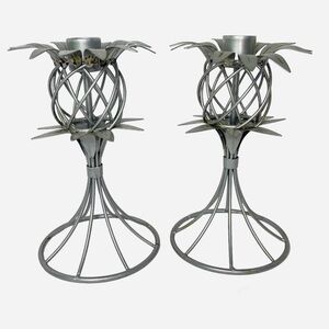 Pewter Pineapple Shaped Candle Stick Holders Tropical Island Decor Set of 2